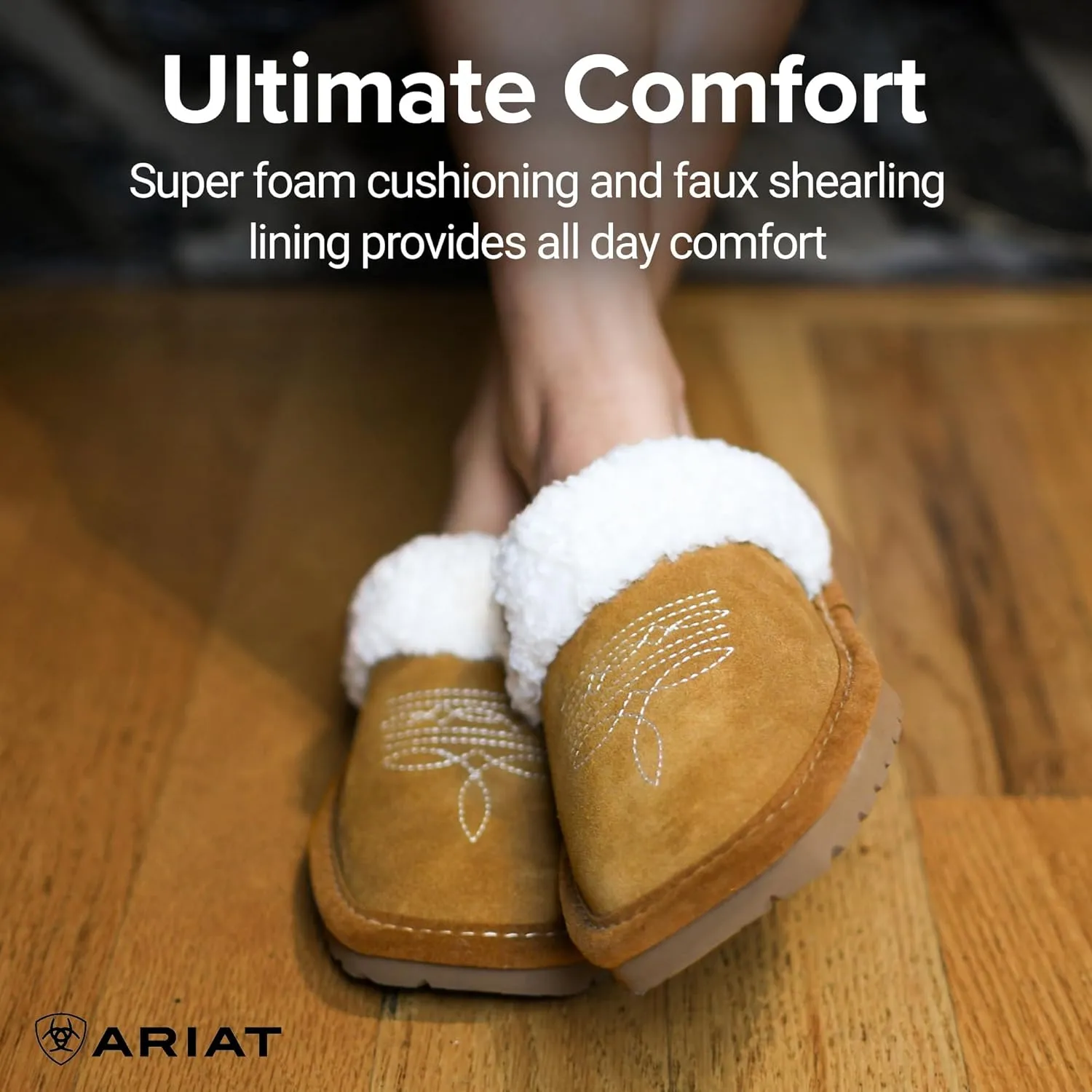 ARIAT Women's Jackie Square Toe Warm Soft Genuine Suede Leather Indoor Outdoor Slippers with Plush Collar