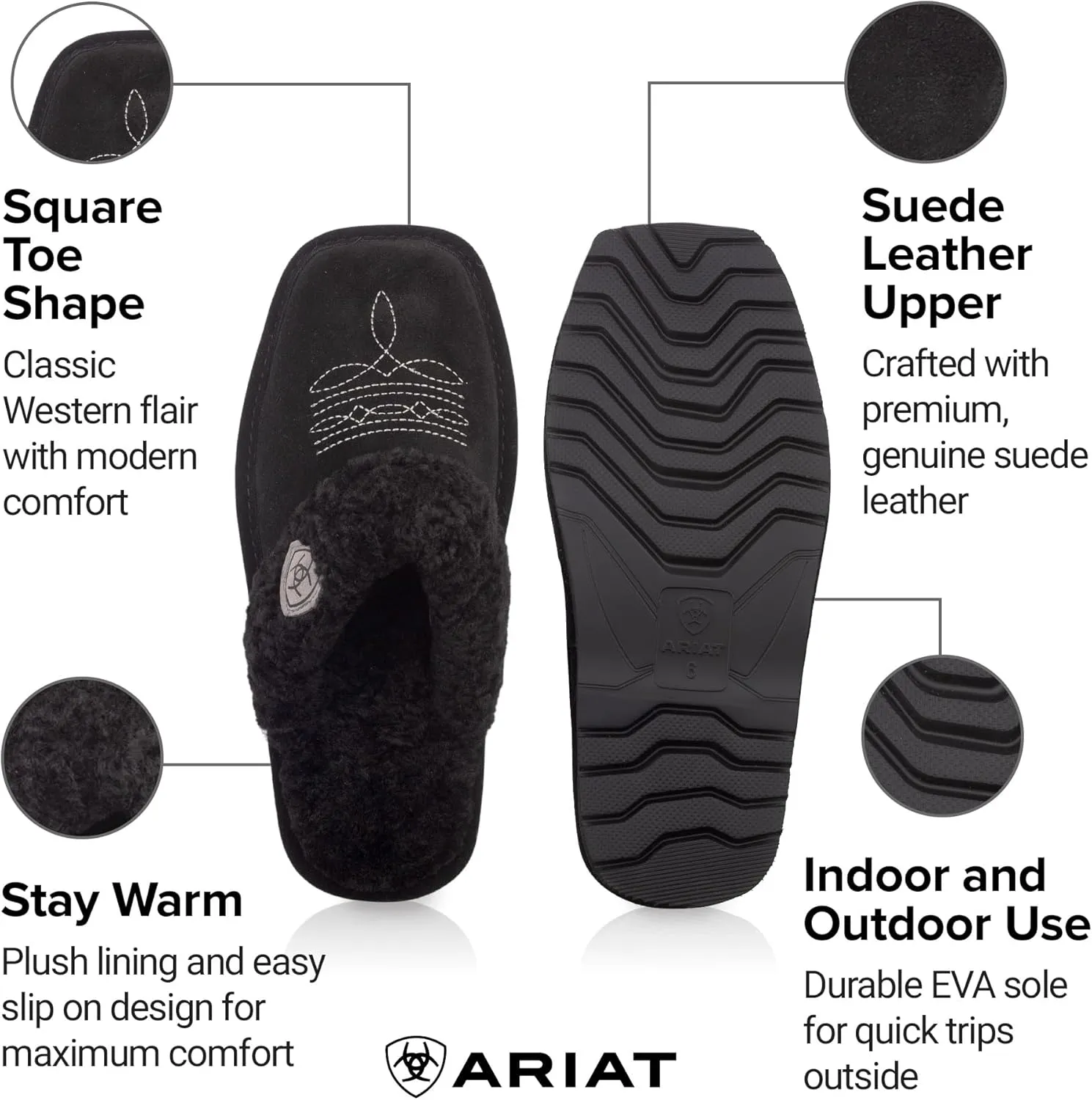 ARIAT Women's Jackie Square Toe Warm Soft Genuine Suede Leather Indoor Outdoor Slippers with Plush Collar