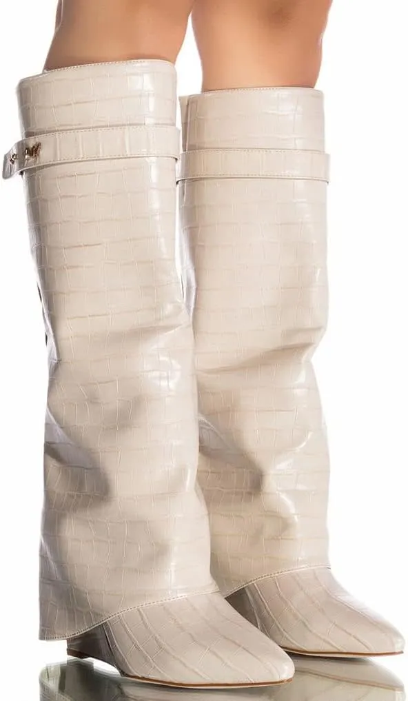 Arqa Fold Over Wedge Boots for Women Faux Crocodile Pattern Knee High Boot with Rivet Buckle Wide Calf Fall Shoes