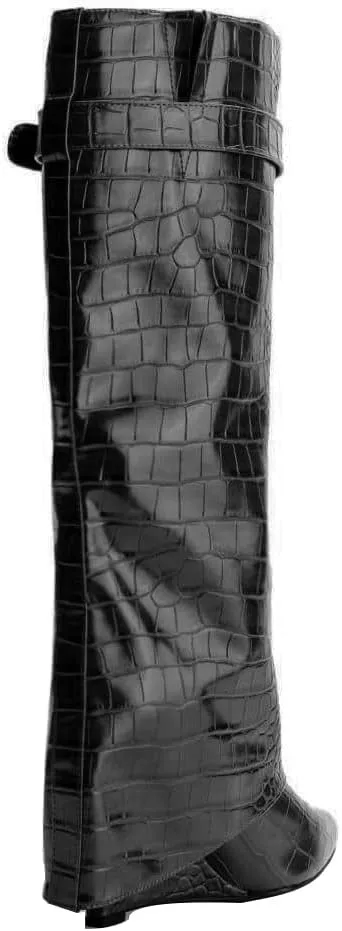 Arqa Fold Over Wedge Boots for Women Faux Crocodile Pattern Knee High Boot with Rivet Buckle Wide Calf Fall Shoes
