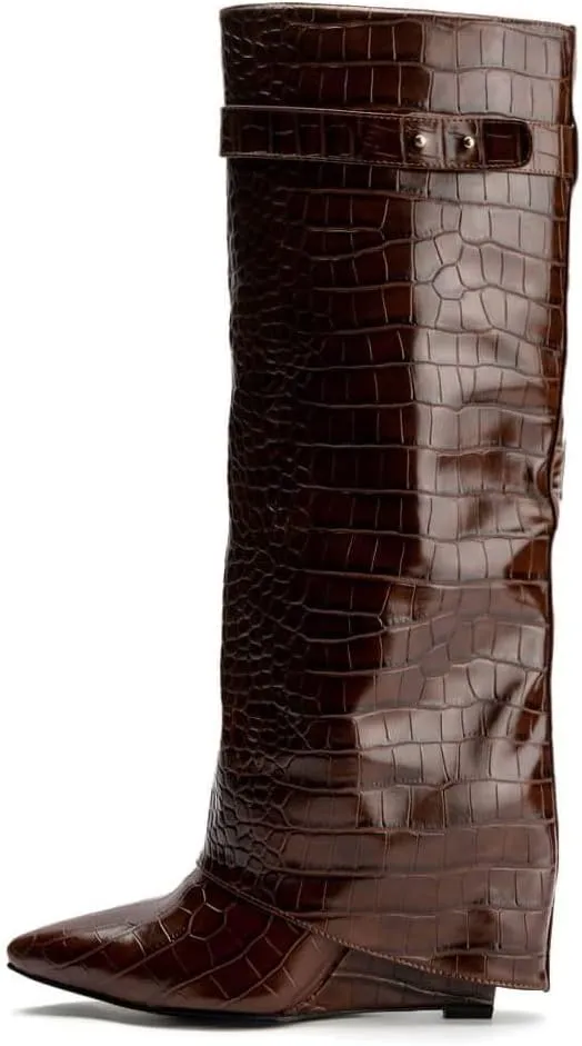 Arqa Fold Over Wedge Boots for Women Faux Crocodile Pattern Knee High Boot with Rivet Buckle Wide Calf Fall Shoes