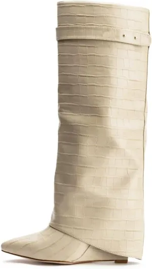 Arqa Fold Over Wedge Boots for Women Faux Crocodile Pattern Knee High Boot with Rivet Buckle Wide Calf Fall Shoes