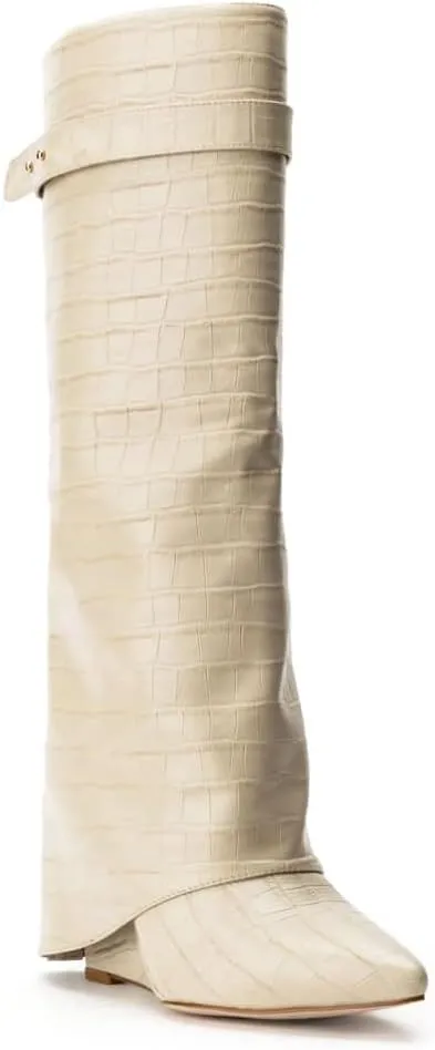 Arqa Fold Over Wedge Boots for Women Faux Crocodile Pattern Knee High Boot with Rivet Buckle Wide Calf Fall Shoes