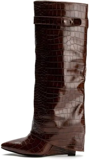 Arqa Fold Over Wedge Boots for Women Faux Crocodile Pattern Knee High Boot with Rivet Buckle Wide Calf Fall Shoes