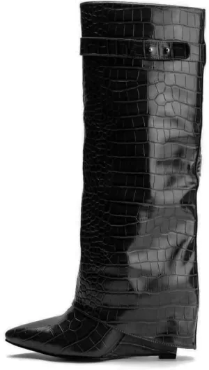 Arqa Fold Over Wedge Boots for Women Faux Crocodile Pattern Knee High Boot with Rivet Buckle Wide Calf Fall Shoes