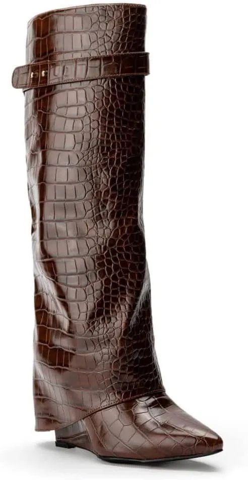 Arqa Fold Over Wedge Boots for Women Faux Crocodile Pattern Knee High Boot with Rivet Buckle Wide Calf Fall Shoes