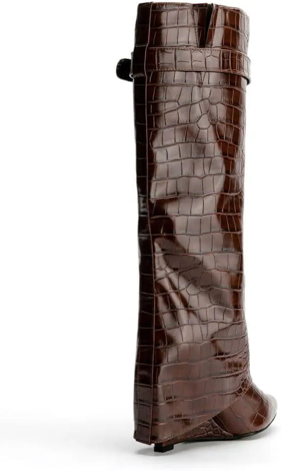 Arqa Fold Over Wedge Boots for Women Faux Crocodile Pattern Knee High Boot with Rivet Buckle Wide Calf Fall Shoes