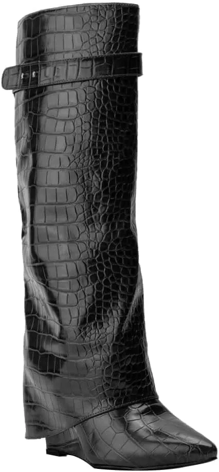 Arqa Fold Over Wedge Boots for Women Faux Crocodile Pattern Knee High Boot with Rivet Buckle Wide Calf Fall Shoes