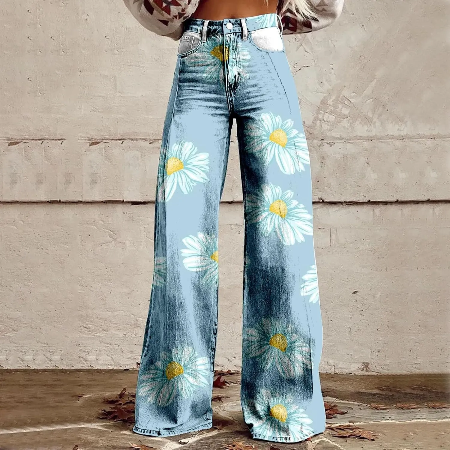 Baggy Flare Pants for Women Wide Leg Bell Bottoms Vintage Floral Print High Waisted Pants Going Out Street Trousers