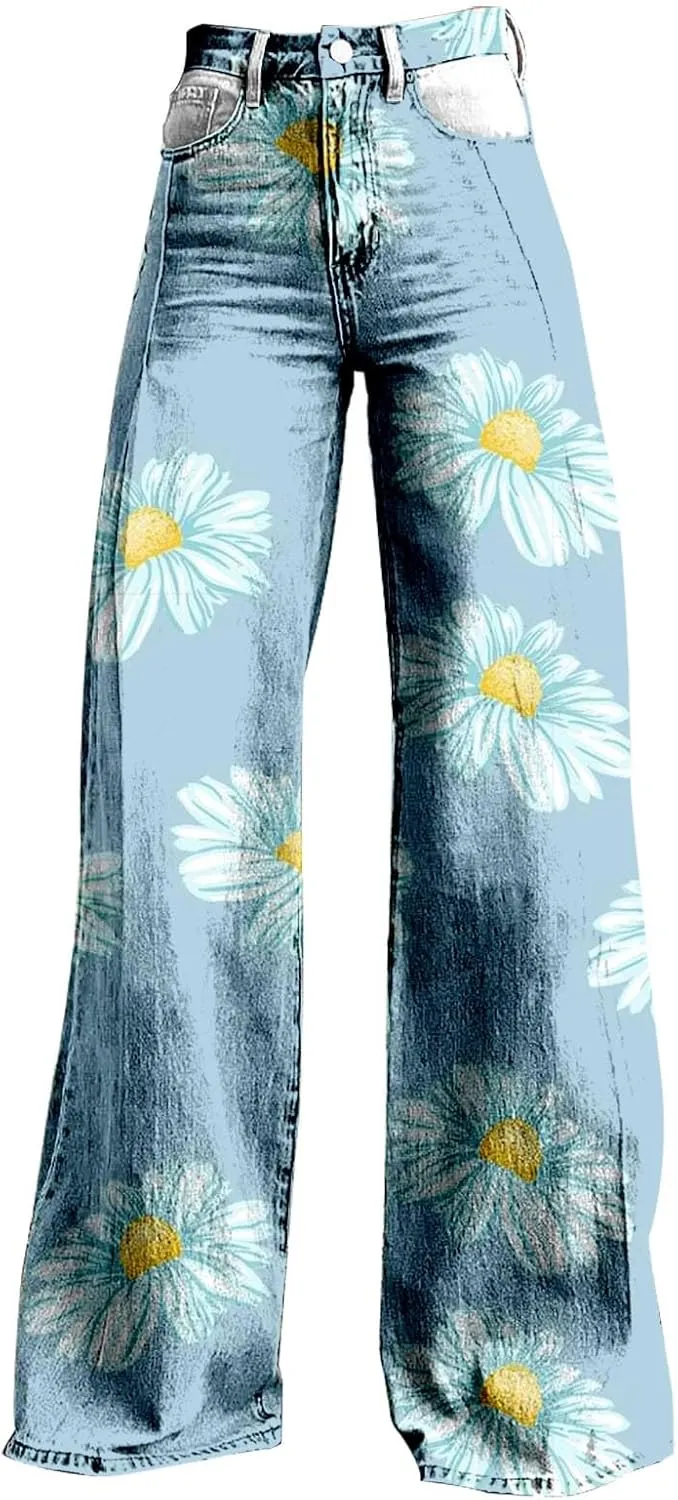 Baggy Flare Pants for Women Wide Leg Bell Bottoms Vintage Floral Print High Waisted Pants Going Out Street Trousers
