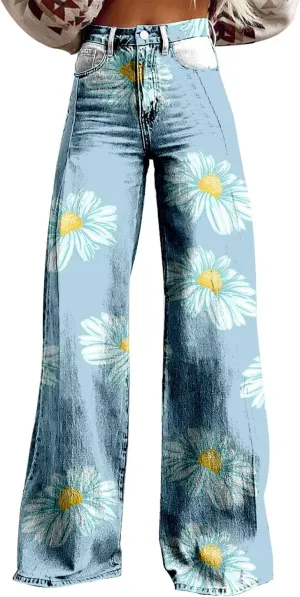 Baggy Flare Pants for Women Wide Leg Bell Bottoms Vintage Floral Print High Waisted Pants Going Out Street Trousers
