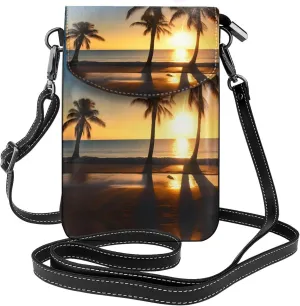 Beach Sunrise And Backlit Palm Tree Lightweight Small Crossbody Bags Cell Phone Purses Travel Pouch Shoulder Bag For Women