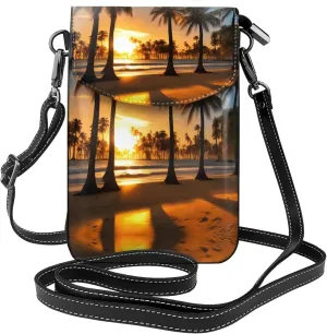 Beach Sunrise And Backlit Palm Trees Lightweight Small Crossbody Bags Cell Phone Purses Travel Pouch Shoulder Bag For Women, Black