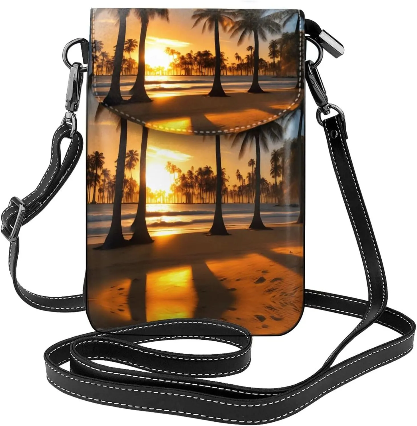 Beach Sunrise And Backlit Palm Trees Lightweight Small Crossbody Bags Cell Phone Purses Travel Pouch Shoulder Bag For Women, Black