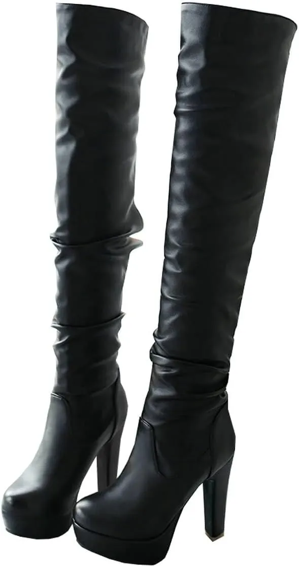 BEAUPAS Women's High Heel Platform Over The Knee Boots Thigh High Chunky Block Heel Boots Slouchy Round Toe Gothic Shoes