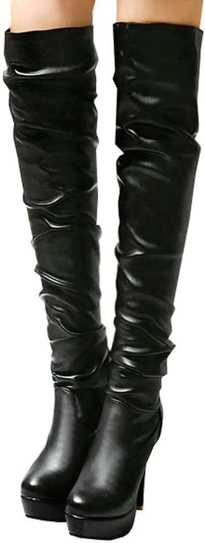 BEAUPAS Women's High Heel Platform Over The Knee Boots Thigh High Chunky Block Heel Boots Slouchy Round Toe Gothic Shoes