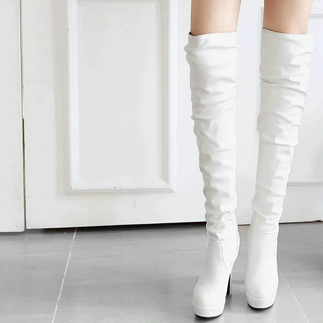 BEAUPAS Women's High Heel Platform Over The Knee Boots Thigh High Chunky Block Heel Boots Slouchy Round Toe Gothic Shoes