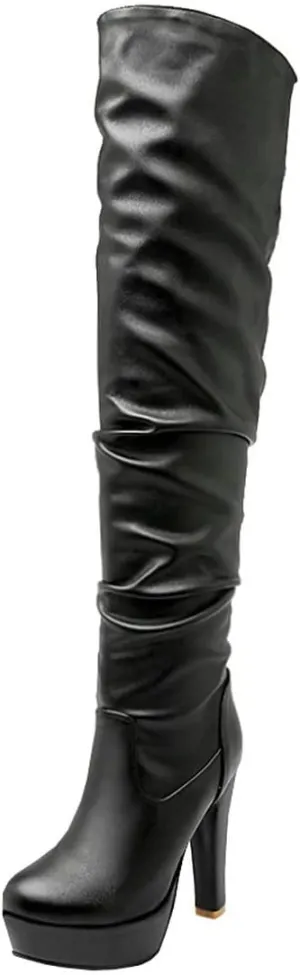 BEAUPAS Women's High Heel Platform Over The Knee Boots Thigh High Chunky Block Heel Boots Slouchy Round Toe Gothic Shoes