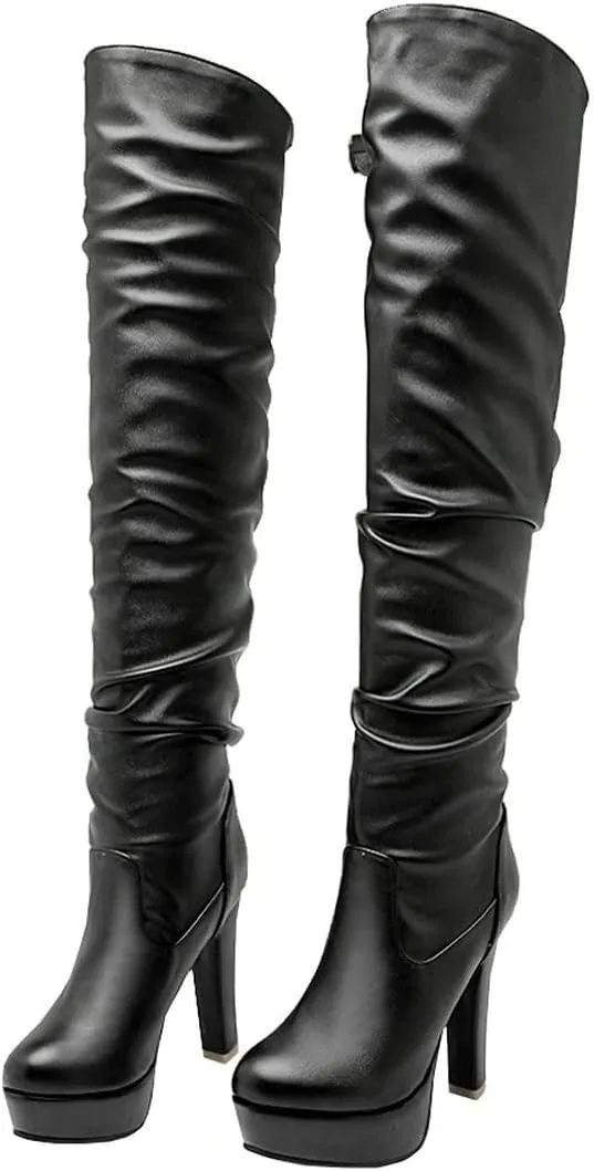 BEAUPAS Women's High Heel Platform Over The Knee Boots Thigh High Chunky Block Heel Boots Slouchy Round Toe Gothic Shoes