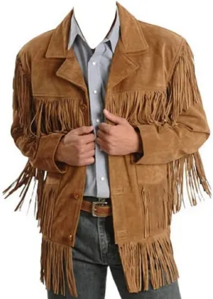 Bestzo Men’s Fringed Western Classic Cow Suede Leather Coat Brown XS-5XL