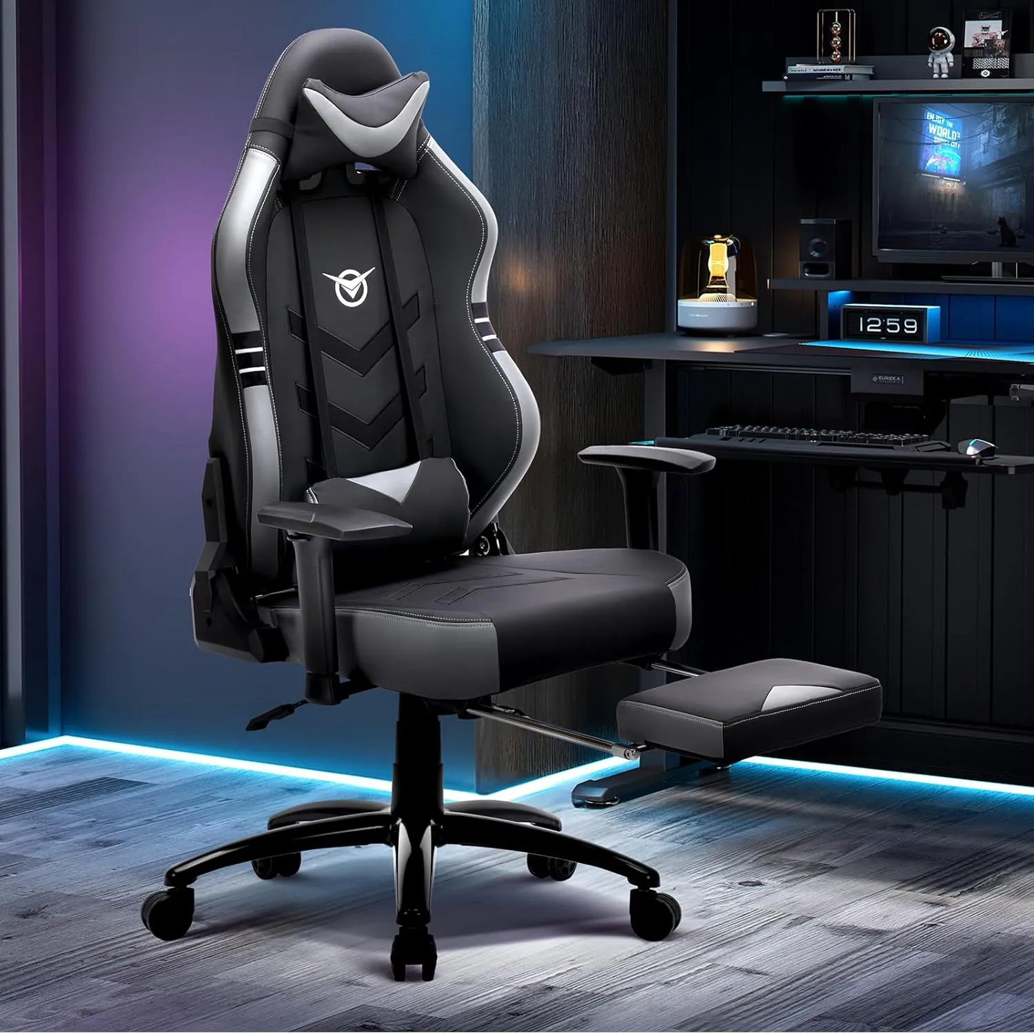 Big and Tall Gaming Chair with Footrest 350lbs-Racing Computer Gamer Chair, Ergonomic High Back PC Office Chair with Wide Seat, 3D Armrest for Adult-Black/Grey