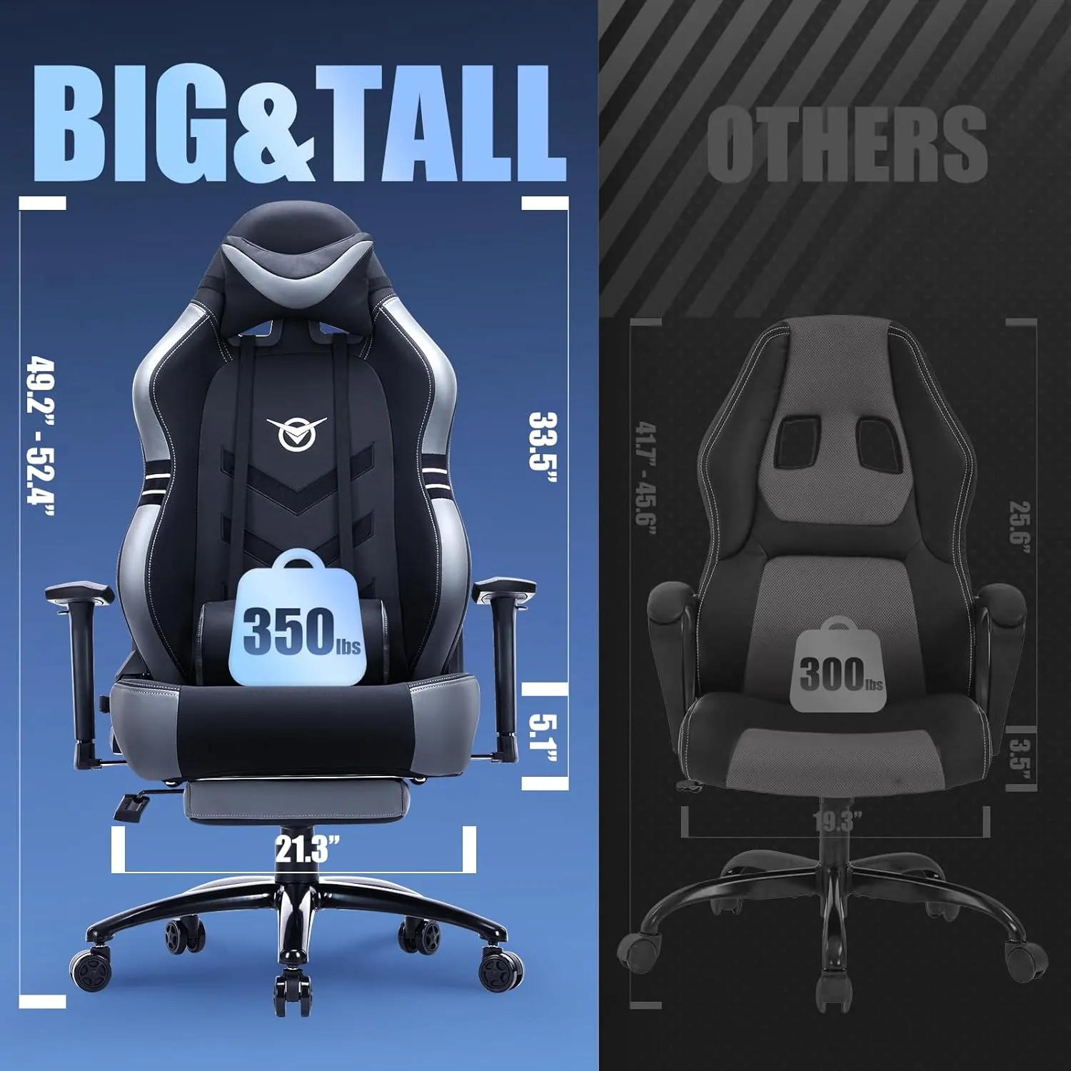 Big and Tall Gaming Chair with Footrest 350lbs-Racing Computer Gamer Chair, Ergonomic High Back PC Office Chair with Wide Seat, 3D Armrest for Adult-Black/Grey