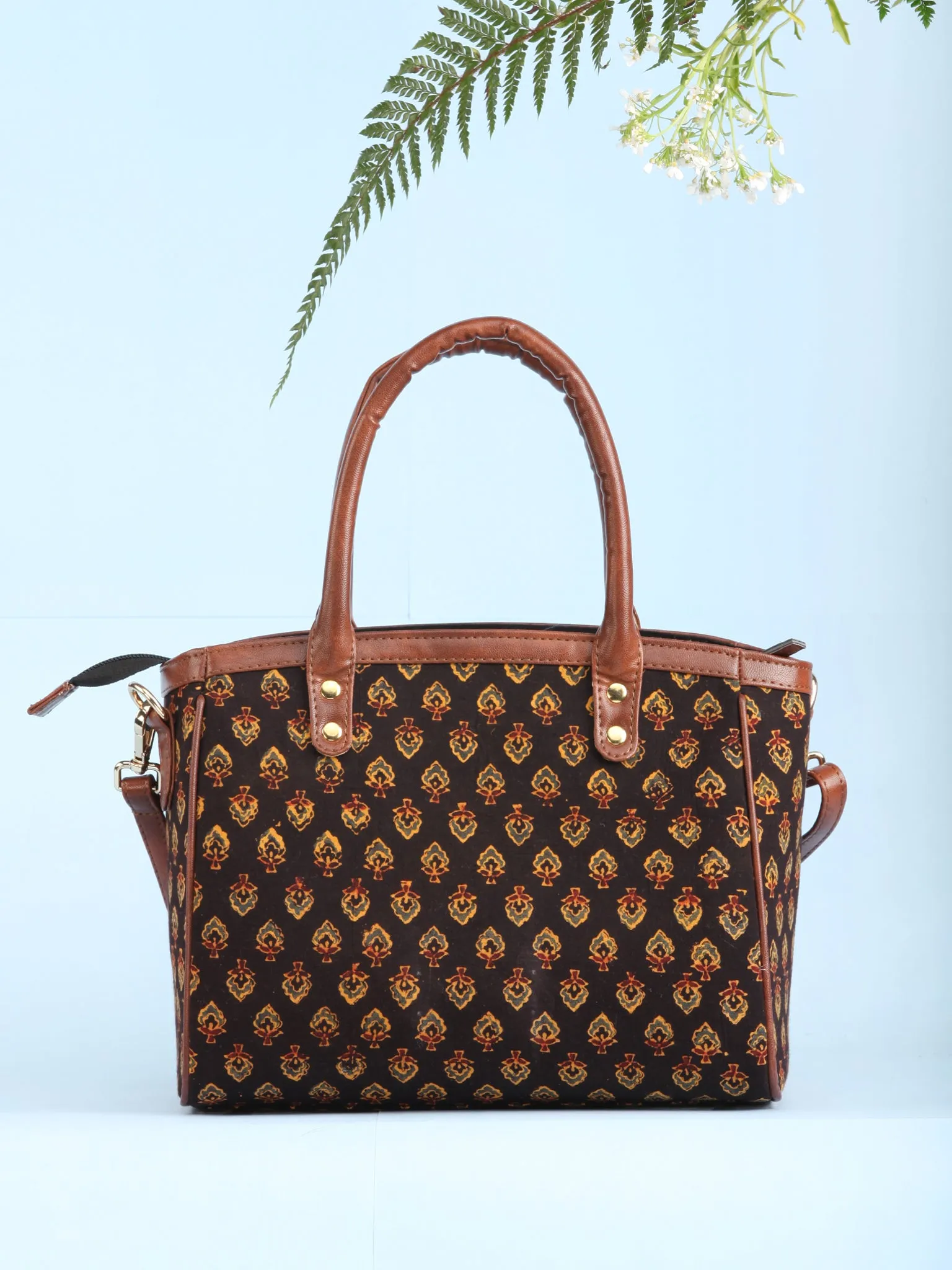 Black Mustard Hand Block Printed Vegan Leather Bucket Style Hand Bag - B1510