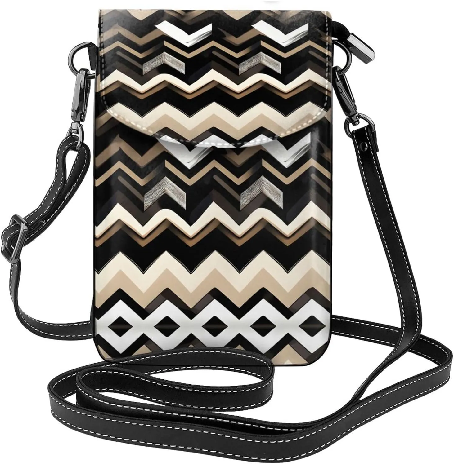 Black White Tan Zigzag Lightweight Small Crossbody Bags Cell Phone Purses Travel Pouch Shoulder Bag For Women