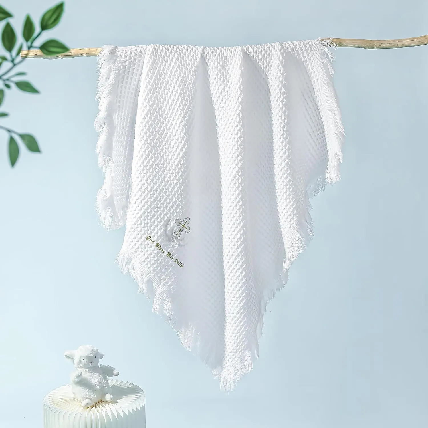 Booulfi Baby Blankets for Boys Girls Baby Receiving Blankets Cross Embroidery Tassle Waffle Newborn Blanket Soft White Crib Blanket Newborn Essentials Baptism Christening Gifts,Size 48X49