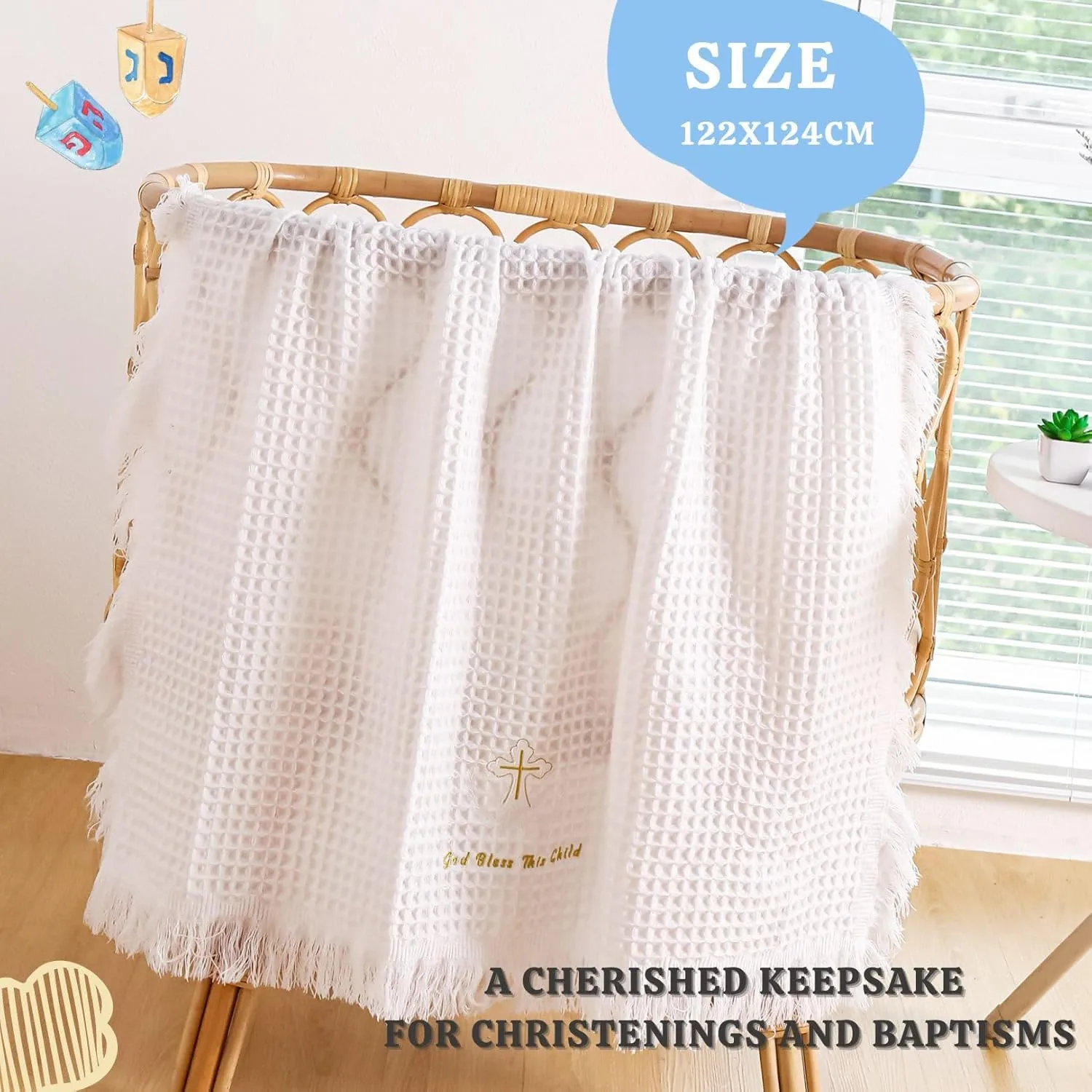 Booulfi Baby Blankets for Boys Girls Baby Receiving Blankets Cross Embroidery Tassle Waffle Newborn Blanket Soft White Crib Blanket Newborn Essentials Baptism Christening Gifts,Size 48X49