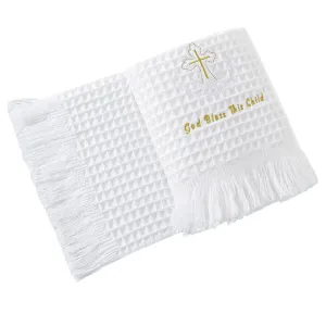 Booulfi Baby Blankets for Boys Girls Baby Receiving Blankets Cross Embroidery Tassle Waffle Newborn Blanket Soft White Crib Blanket Newborn Essentials Baptism Christening Gifts,Size 48X49
