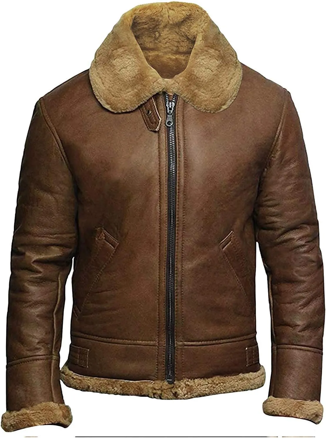 BRANDSLOCK Leather Bomber Jackets For Men Real Sheepskin B3 Aviator Leather Jacket With Thick Shearling Sheepskin