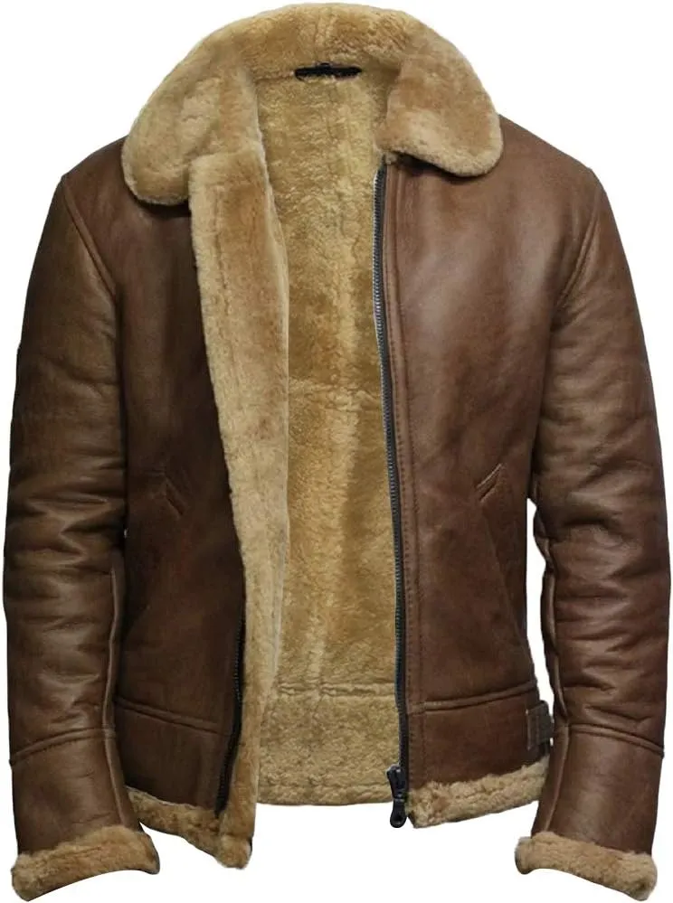 BRANDSLOCK Leather Bomber Jackets For Men Real Sheepskin B3 Aviator Leather Jacket With Thick Shearling Sheepskin