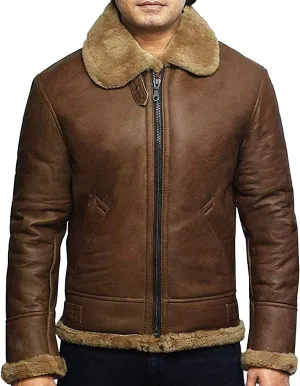 BRANDSLOCK Leather Bomber Jackets For Men Real Sheepskin B3 Aviator Leather Jacket With Thick Shearling Sheepskin