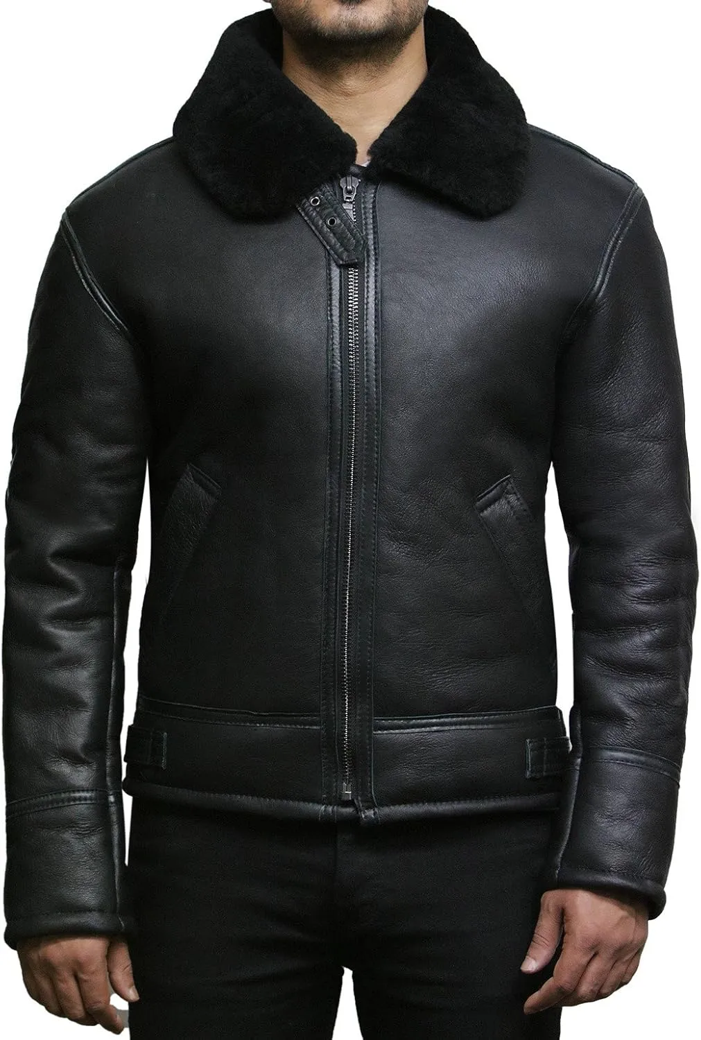 Brandslock Mens Real Shearling Sheepskin Leather Flying Aviator Bomber Jacket (4XL, Black)