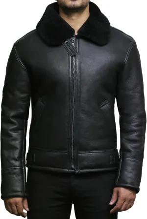 Brandslock Mens Real Shearling Sheepskin Leather Flying Aviator Bomber Jacket (4XL, Black)