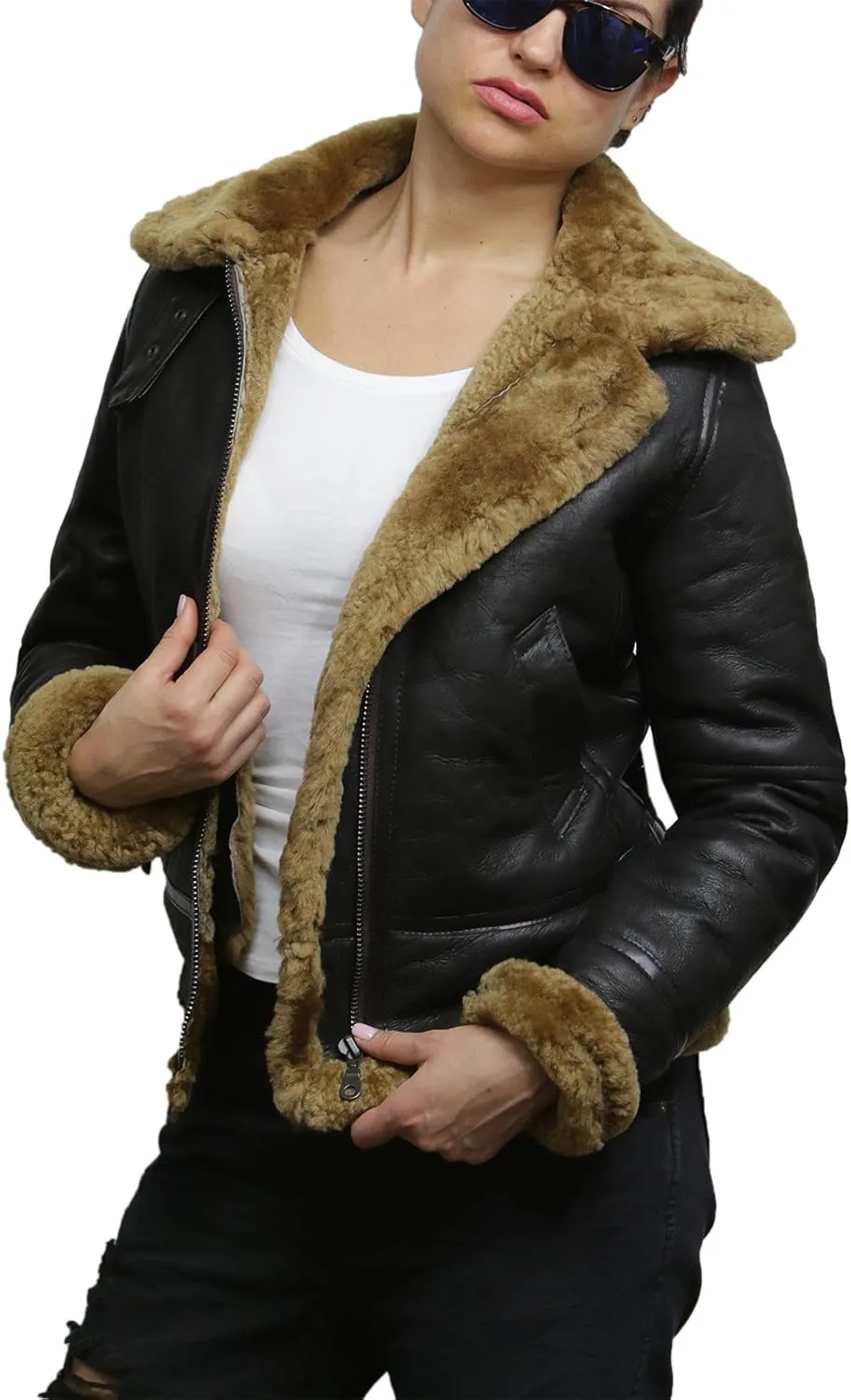 BRANDSLOCK Women's Genuine Sheepskin Leather Flying Aviator Winter Jacket With Hood