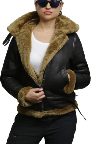 BRANDSLOCK Women's Genuine Sheepskin Leather Flying Aviator Winter Jacket With Hood