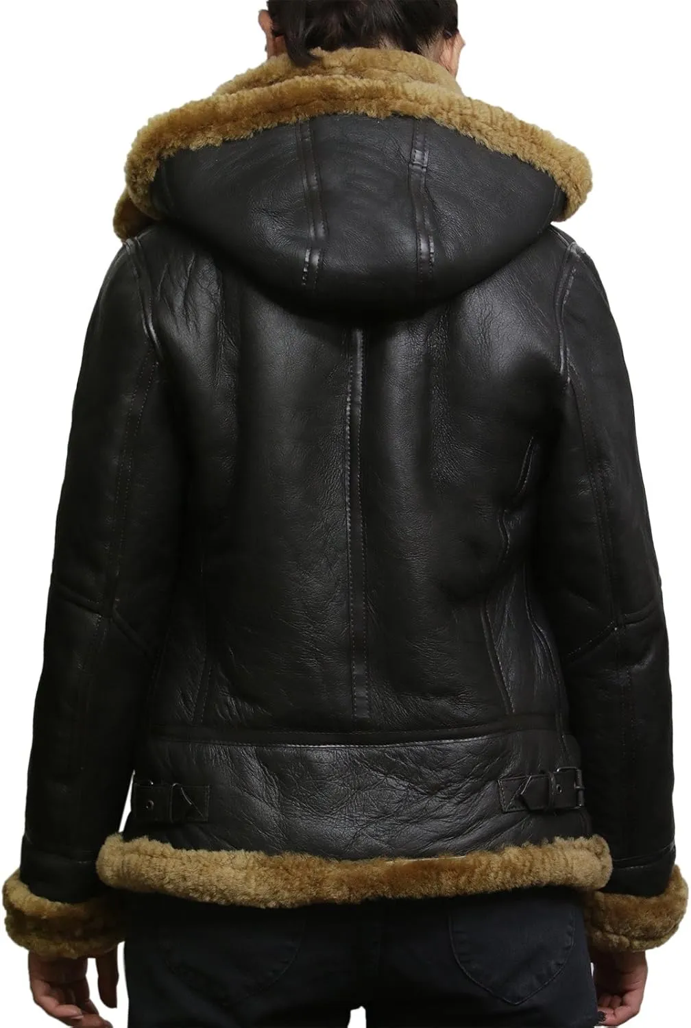 BRANDSLOCK Women's Genuine Sheepskin Leather Flying Aviator Winter Jacket With Hood