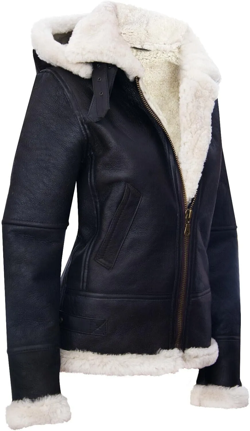 BRANDSLOCK Women's Genuine Sheepskin Leather Flying Aviator Winter Jacket With Hood