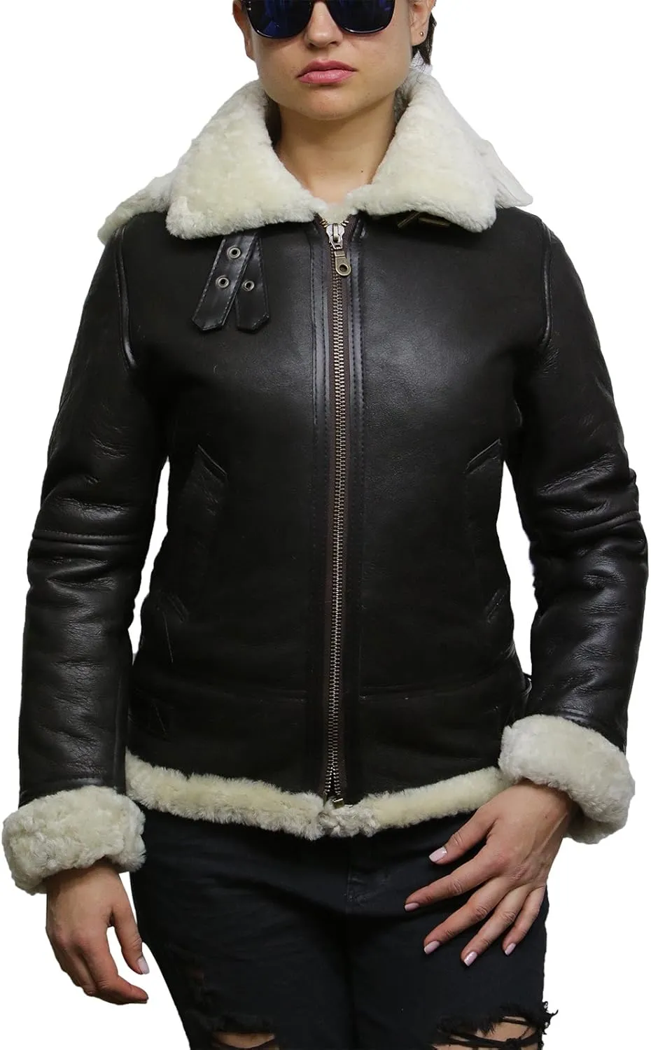 BRANDSLOCK Women's Genuine Sheepskin Leather Flying Aviator Winter Jacket With Hood