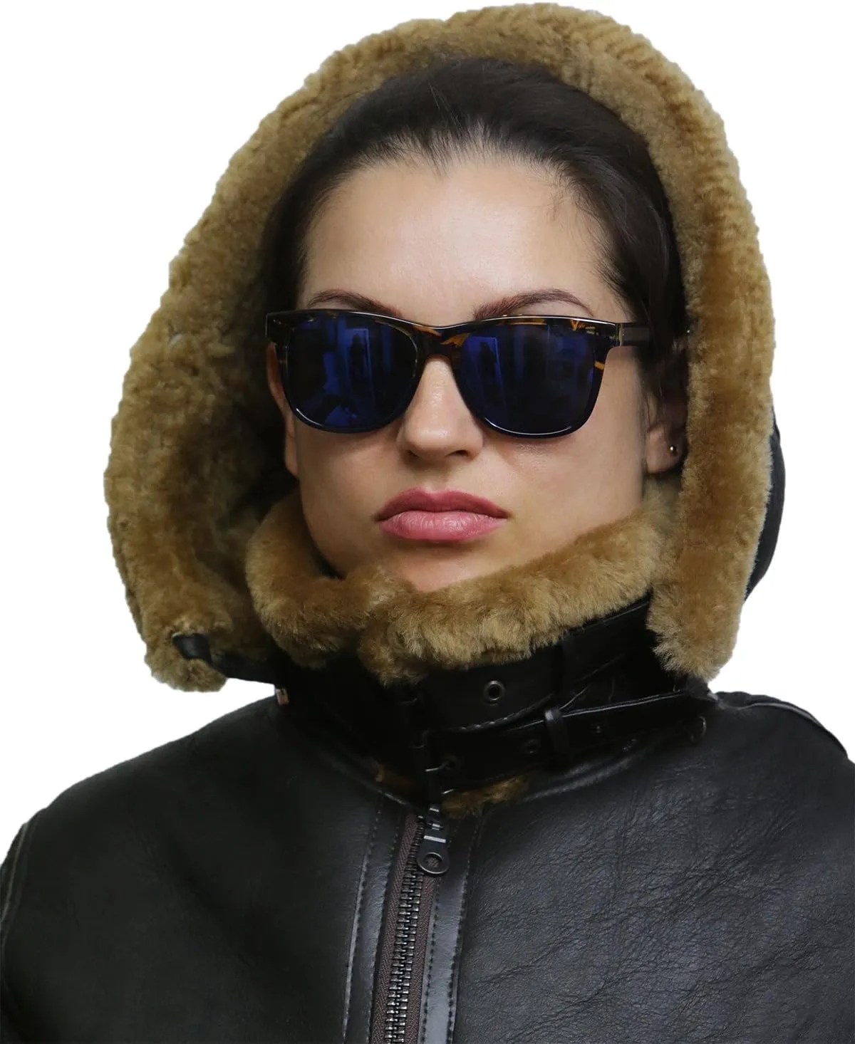 BRANDSLOCK Women's Genuine Sheepskin Leather Flying Aviator Winter Jacket With Hood