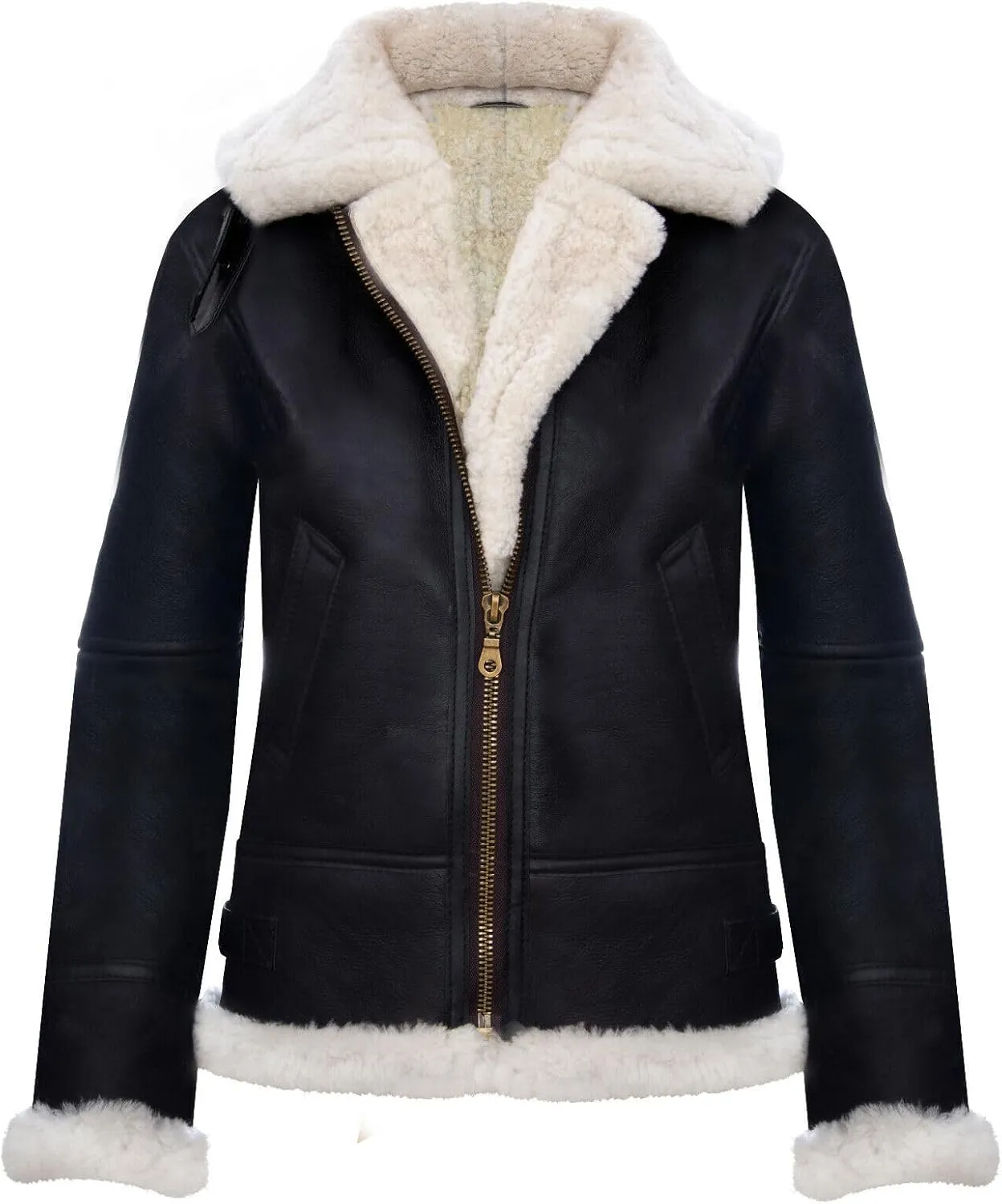 BRANDSLOCK Women's Genuine Sheepskin Leather Flying Aviator Winter Jacket With Hood