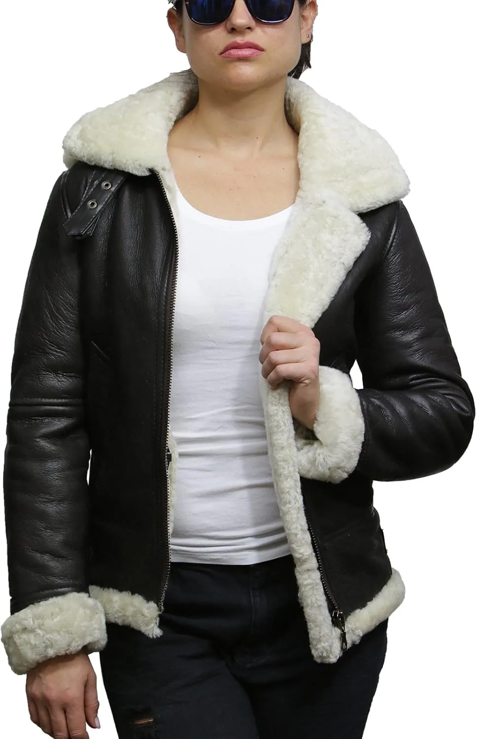 BRANDSLOCK Women's Genuine Sheepskin Leather Flying Aviator Winter Jacket With Hood