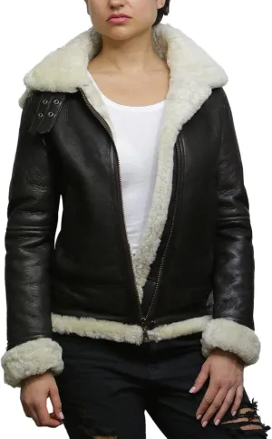 BRANDSLOCK Women's Genuine Sheepskin Leather Flying Aviator Winter Jacket With Hood