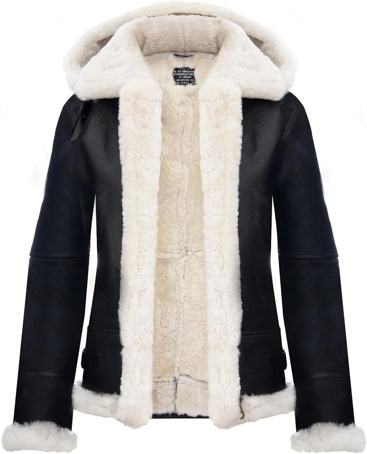 BRANDSLOCK Women's Genuine Sheepskin Leather Flying Aviator Winter Jacket With Hood