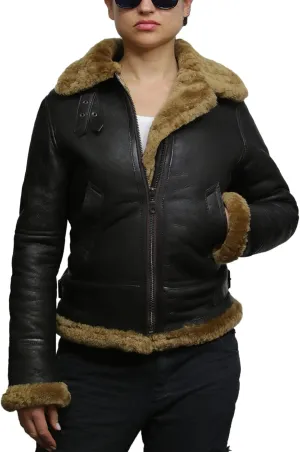 Brandslock Womens Hooded Aviator Real Shearling Sheepskin Flying Leather Jacket Coat (L, Brown)
