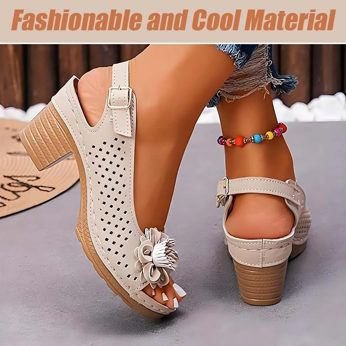Buckled Square Heel Sandals for Women Dressy, Fashionable Mesh & Leather, Lightweight Wedge for Summer & Daily