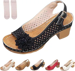 Buckled Square Heel Sandals for Women Dressy, Fashionable Mesh & Leather, Lightweight Wedge for Summer & Daily