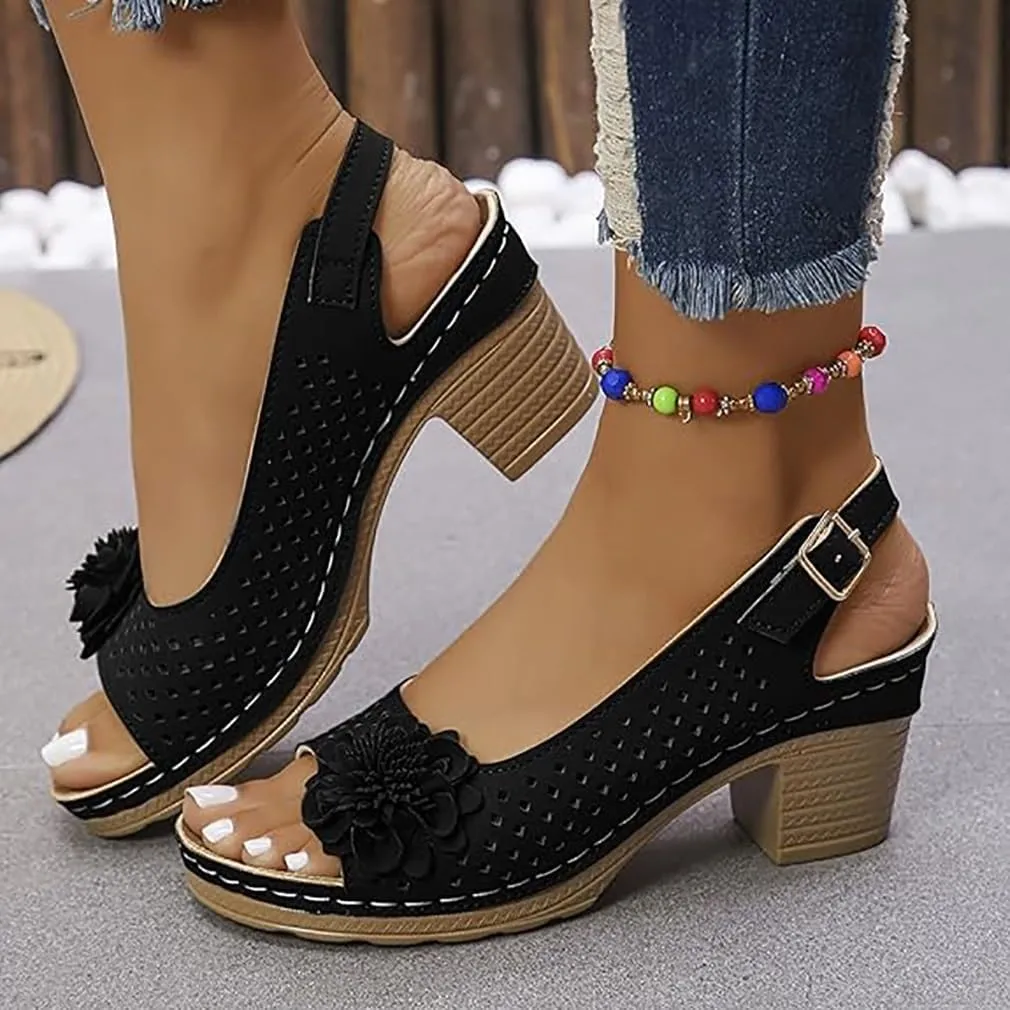 Buckled Square Heel Sandals for Women, Womens Peep Toe Slingback Low Chunky Heeled Dress Sandals Wedge Shoes Dressy